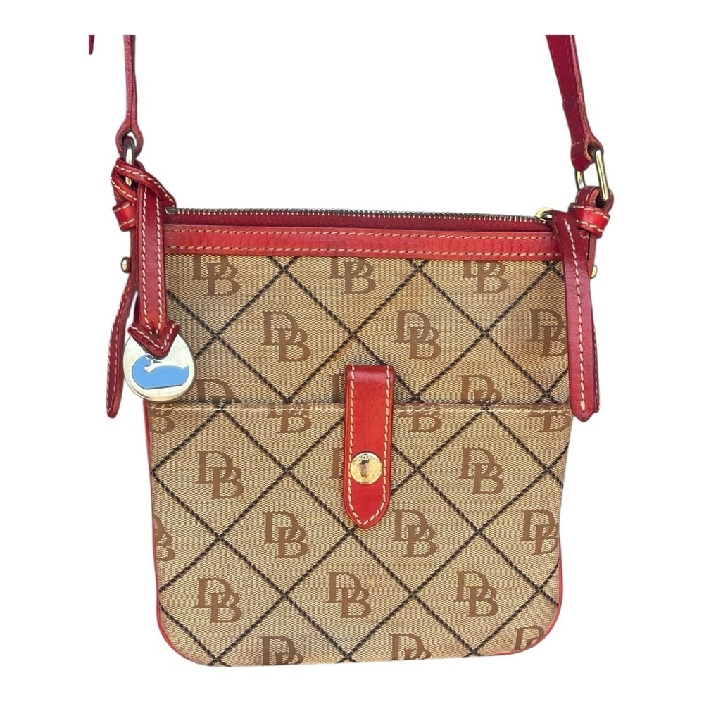 Dooney & Bourke Monogram Red and Tan Crossbody Bag Y2K Letter Carrier Bag - Picture 1 of 9